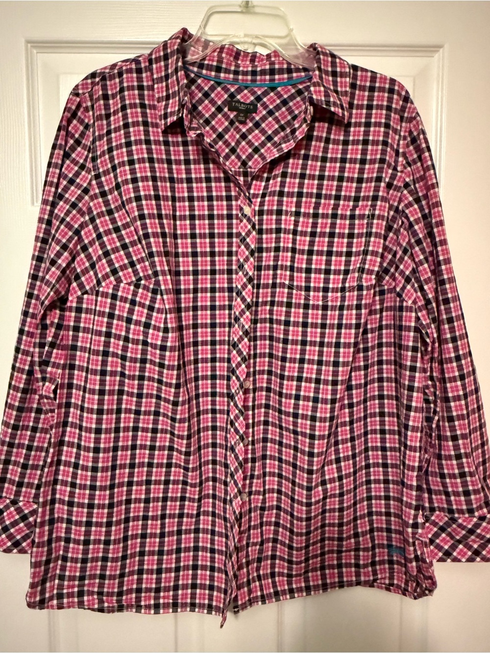 Talbots Pink Black White Plaid Shirt with Contrast Trim